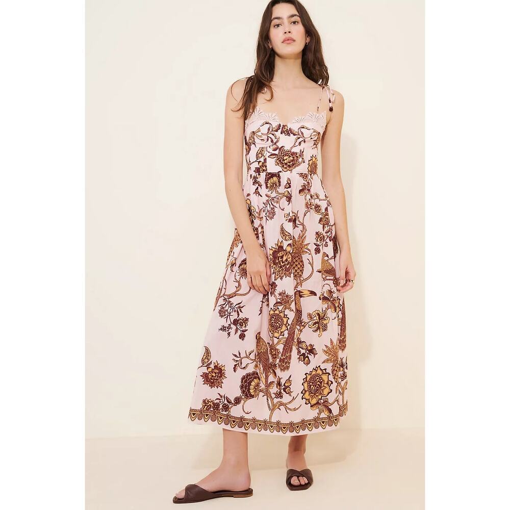 FARM Rio Tropical Landing Dress Floral Bird Sleeveless Lace Midi Pink Yellow M